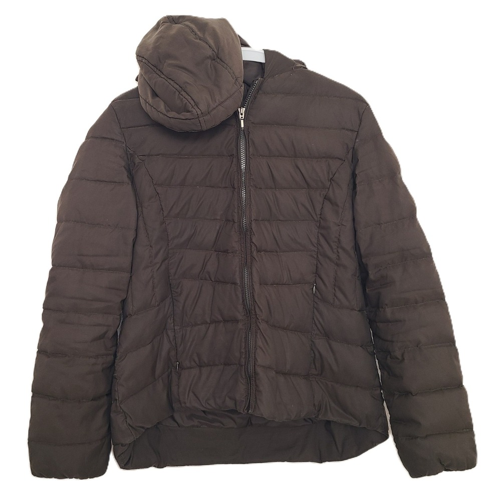 Giordano XL Goose Down Quilted Puffer‎ Coat Zipper Hood Brown Green Warm Winter